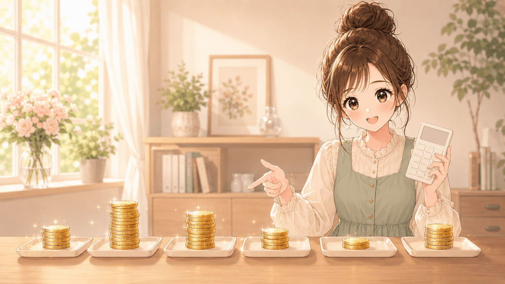 電卓を持つ女性が、決済方法ごとに金額の異なる6つの硬貨の山を指差して計算しているイラスト