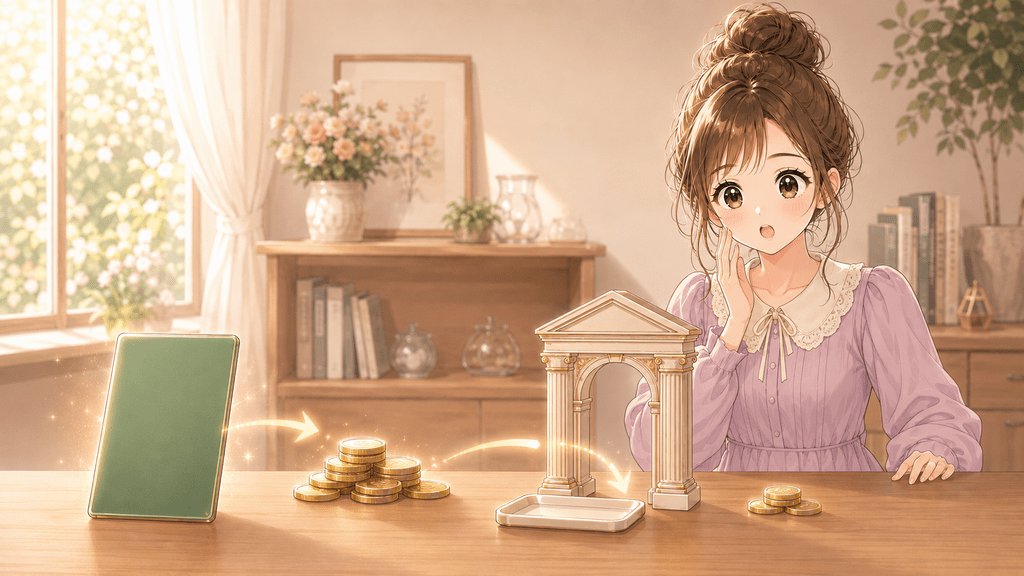 緑色のタブレットから硬貨が流れ出て小さな石造りの門を通り抜けていく様子に驚く女性のイラスト