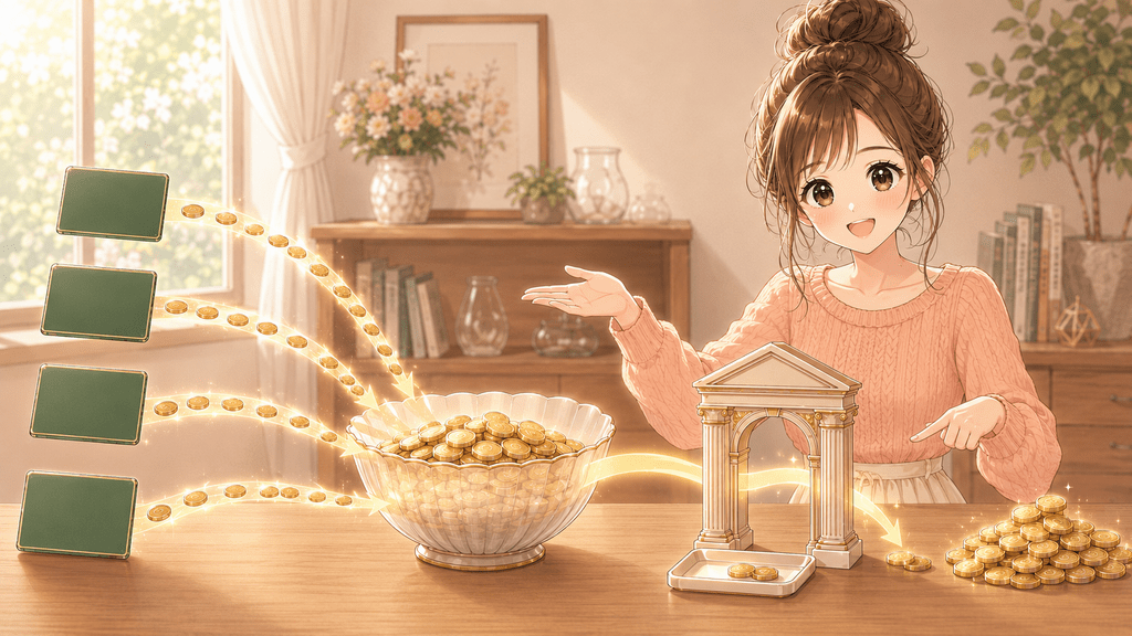 4枚のカードから硬貨が1つの器にまとめて集まり、1つの門を通って1つの山になる様子のイラスト(振込手数料が振込1回ごとにかかることを表す)