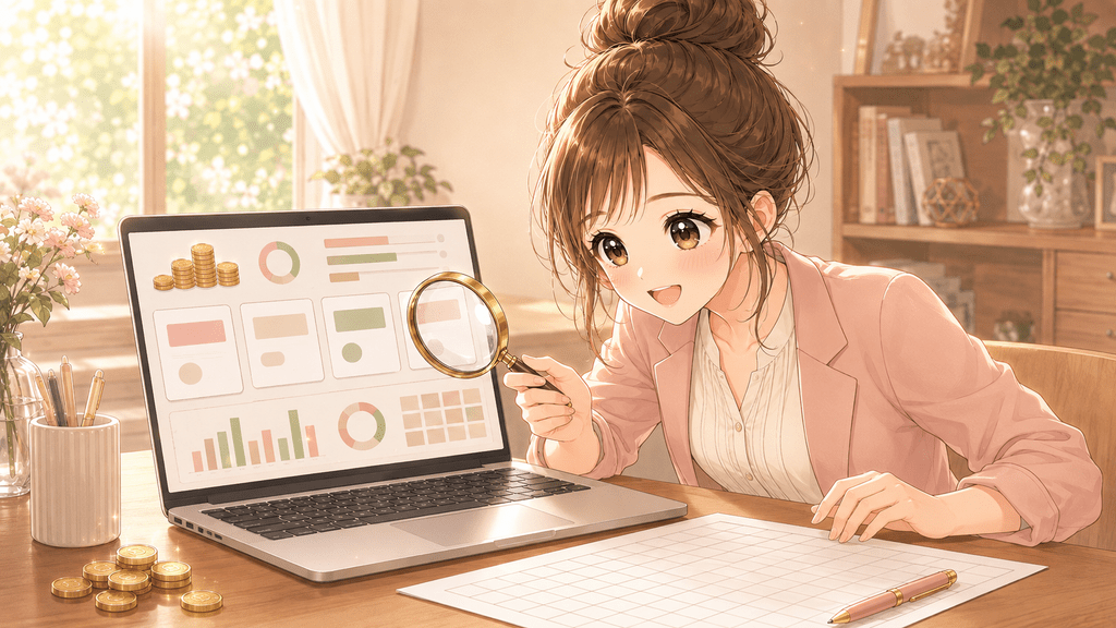 虫眼鏡でノートパソコンの売上グラフやダッシュボード画面を確認する女性のイラスト