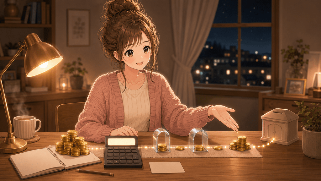 夜の部屋で電卓とノートを使い、硬貨の山を確認しながら振込前の金額をチェックする女性のイラスト