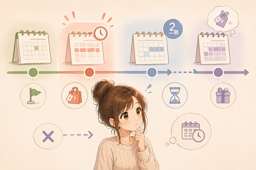 タイムセールの終了日時と終了後2週間を計画する女性