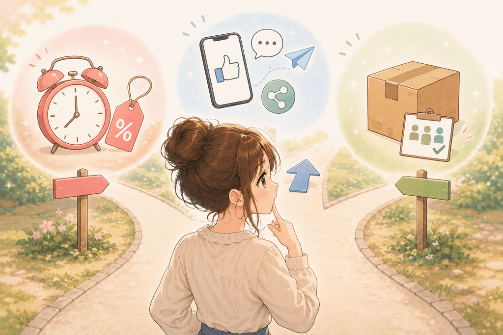 タイムセールと併用できない販売機能を確認する女性