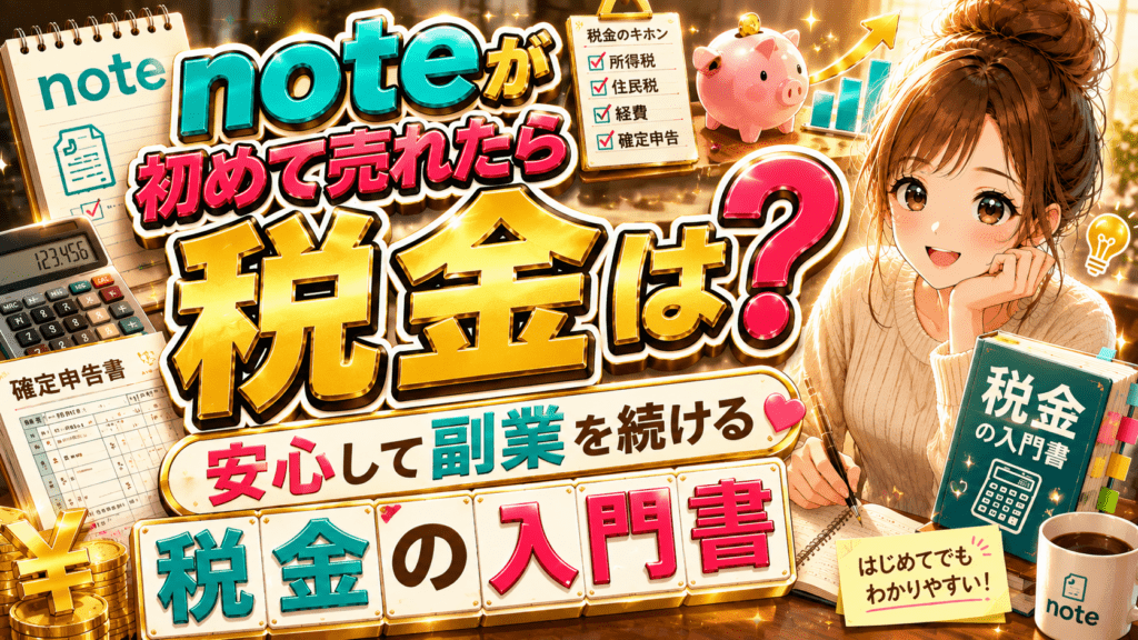 「noteが初めて売れたら税金は？安心して副業を続ける税金の入門書」のアイキャッチ画像。所得税・住民税・経費・確定申告のチェックリストと、税金の入門書を持つ女性のイラスト