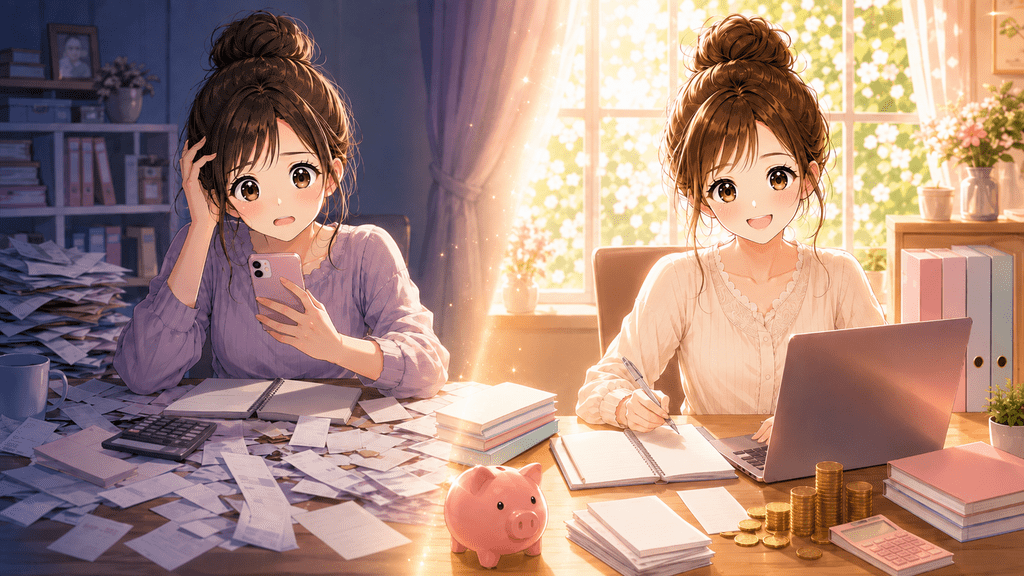 noteの初売上通知に戸惑う女性と、レシートや貯金箱を前に落ち着いて記録をつける女性のイラスト