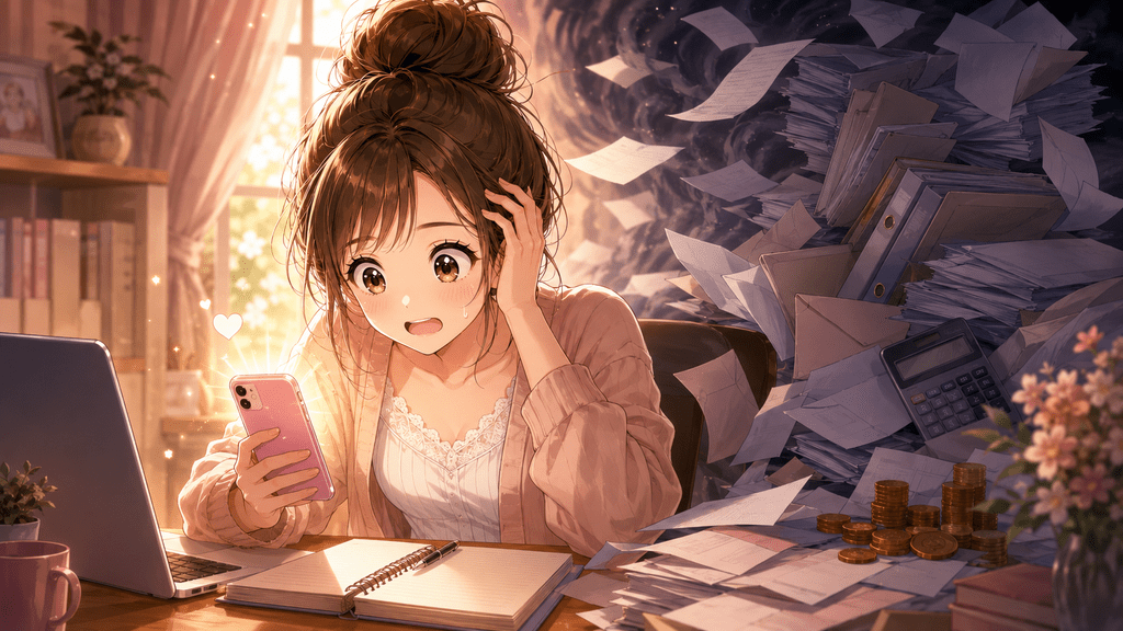 スマホの売上通知に驚く女性の背後で書類やレシートが渦を巻いているイラスト