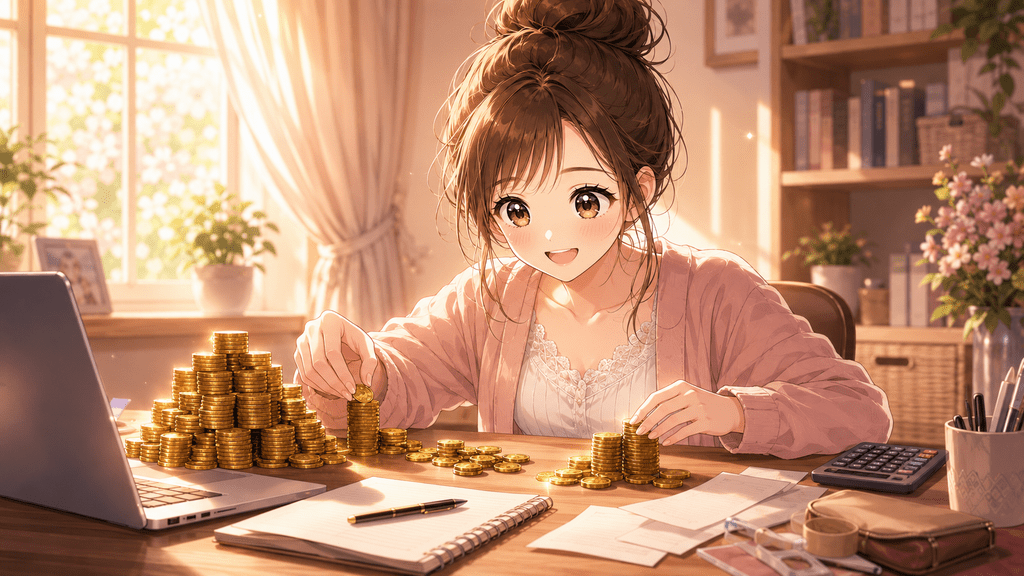 金貨を種類ごとに積み分けながら確認する女性のイラスト(売上と所得の違いをイメージ)