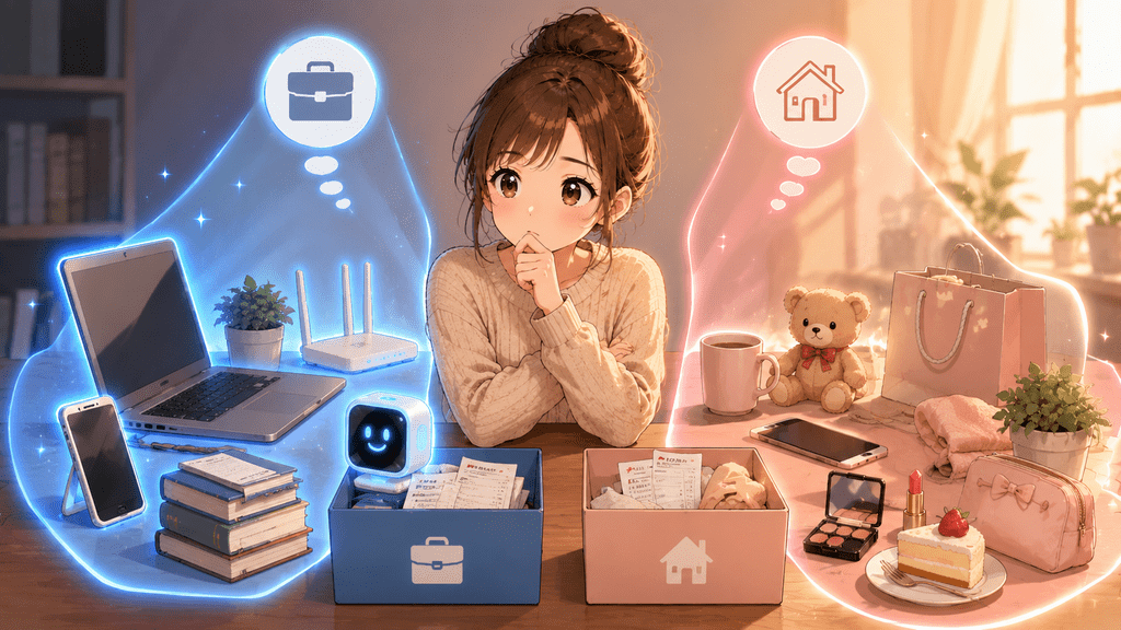 仕事用の道具と私用品を前に、どちらが経費になるか考える女性のイラスト