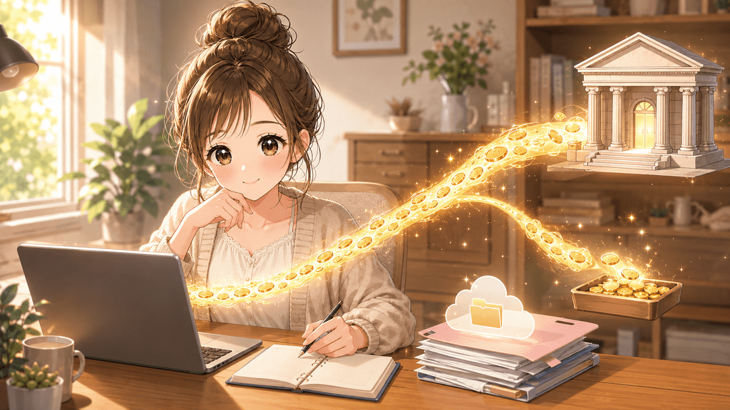 銀行から流れてくる収益をパソコンで記録し、フォルダに保存する女性のイラスト