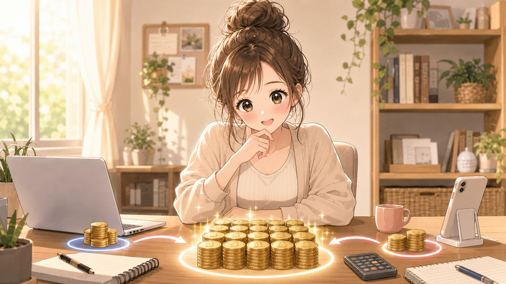 複数の口座から集まった金貨が一つにまとまっていくイラスト(収入の合算をイメージ)