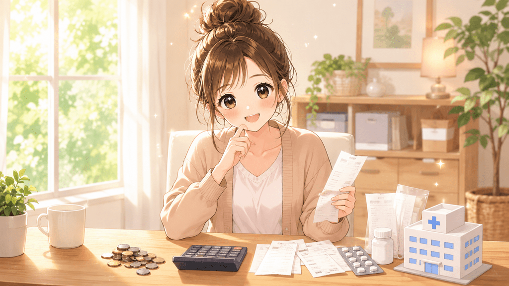 医療費の領収書や薬を前に電卓で金額を確認する女性のイラスト
