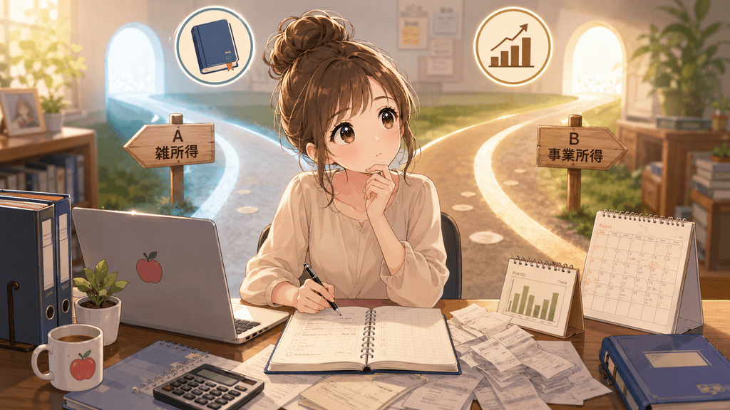 「雑所得」と「事業所得」の分かれ道で考え込む女性のイラスト