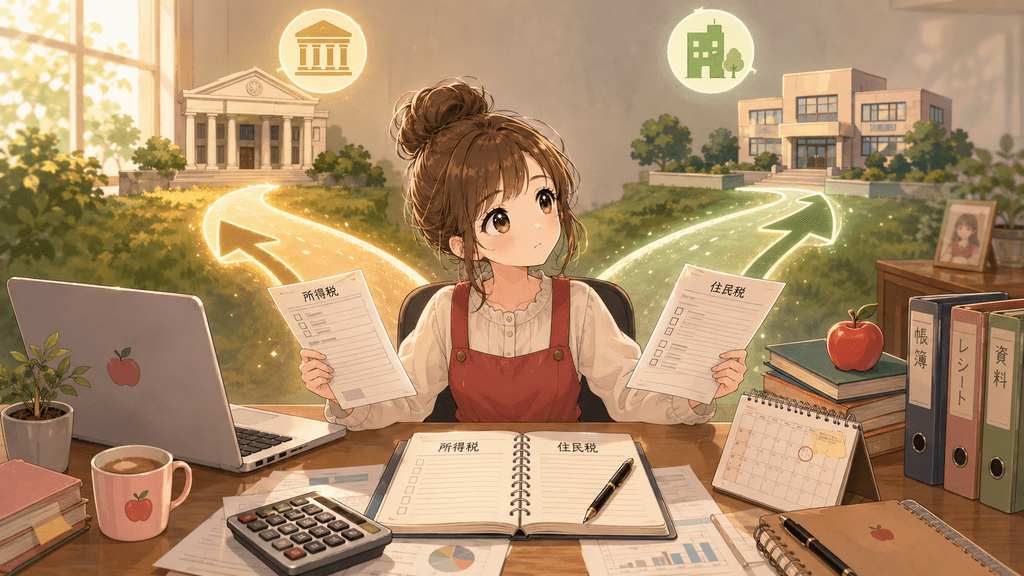 「所得税」と「住民税」の書類をそれぞれ手に持ち、税務署と市役所を見比べる女性のイラスト
