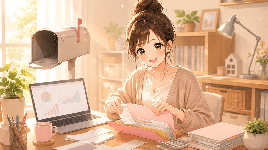 空の郵便受けの横で、自分でレシートを整理してファイルする女性のイラスト