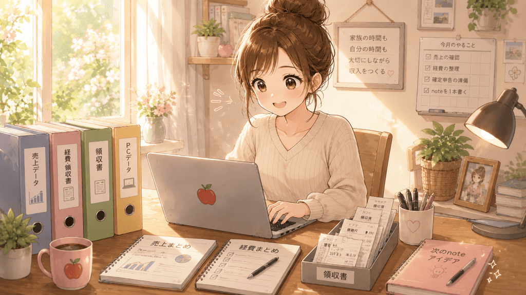 売上データや経費のファイル、ノートを整理しながら笑顔でパソコンに向かう女性のイラスト