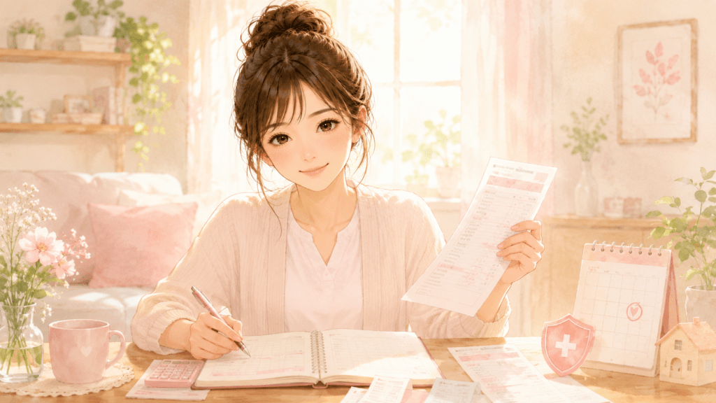医療費の書類を確認しながら手帳に記入する女性のイラスト。安心で暖かみのある部屋で家計と健康保険制度について考えている様子。