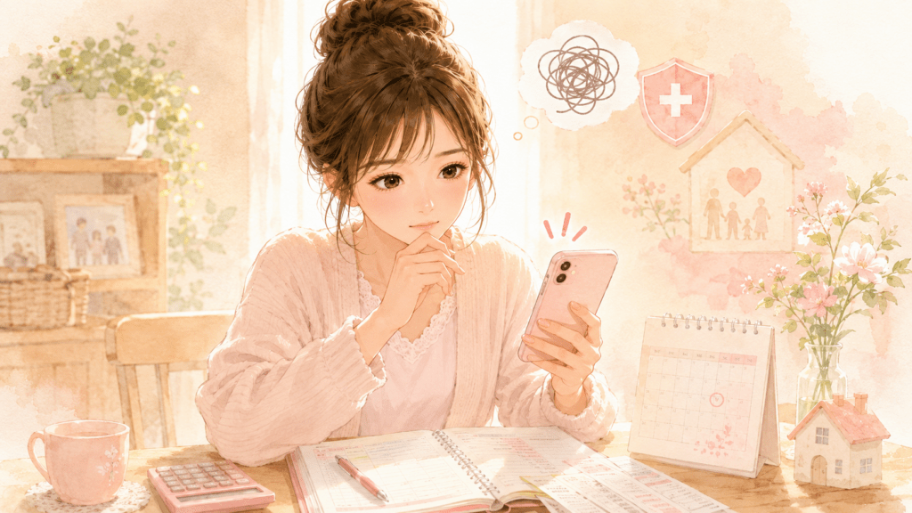 スマホを見て不安そうな表情をする女性のイラスト。「最大38%増」という見出しに驚き、家族や健康保険制度のことを考えている様子。