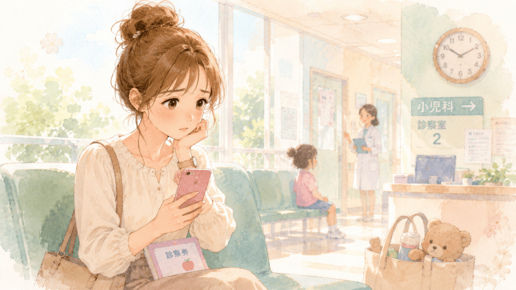 小児科の待合室でスマホを手に考え込む母親のイラスト。奥の診察室では子どもが診察を待ち、仕事を休むことや収入の減少を心配している様子。