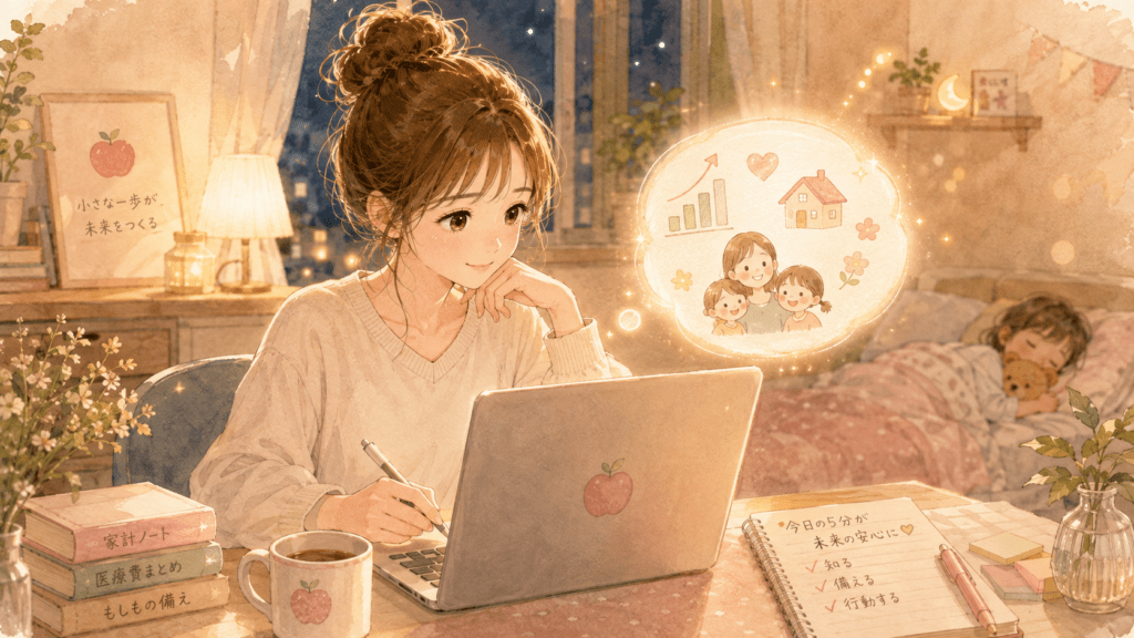 夜、自宅で家計ノートをつけながら微笑む母親のイラスト。背後の光には家族と右肩上がりのグラフ、家のアイコンが浮かび、隣では子どもが眠っている。安心を感じながら将来の家計の備えを見直す様子を表している。