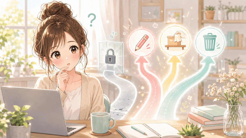 有料note記事を編集・非表示・削除のどれにするか考える女性のイラスト