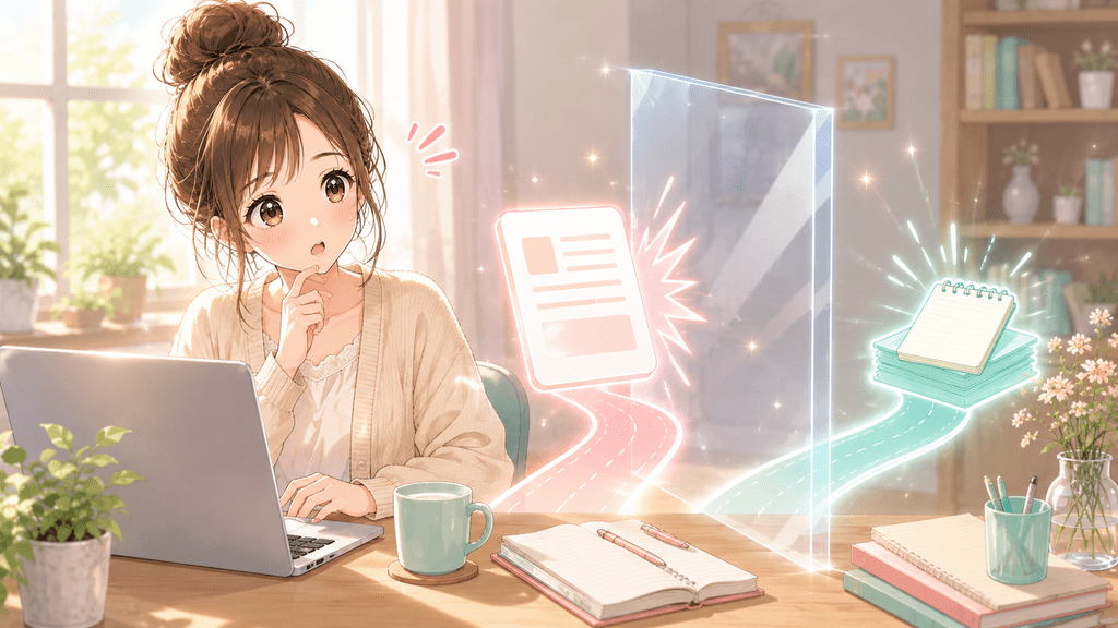 有料記事が下書きに戻せず戸惑う女性と、透明な壁に阻まれる書類のイラスト