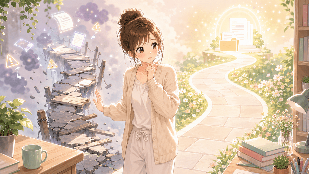 崩れた橋のような危険な近道と、安全な道を見比べて考える女性のイラスト