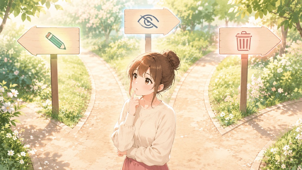 編集・非表示・削除の看板が立つ分かれ道で選択に迷う女性のイラスト