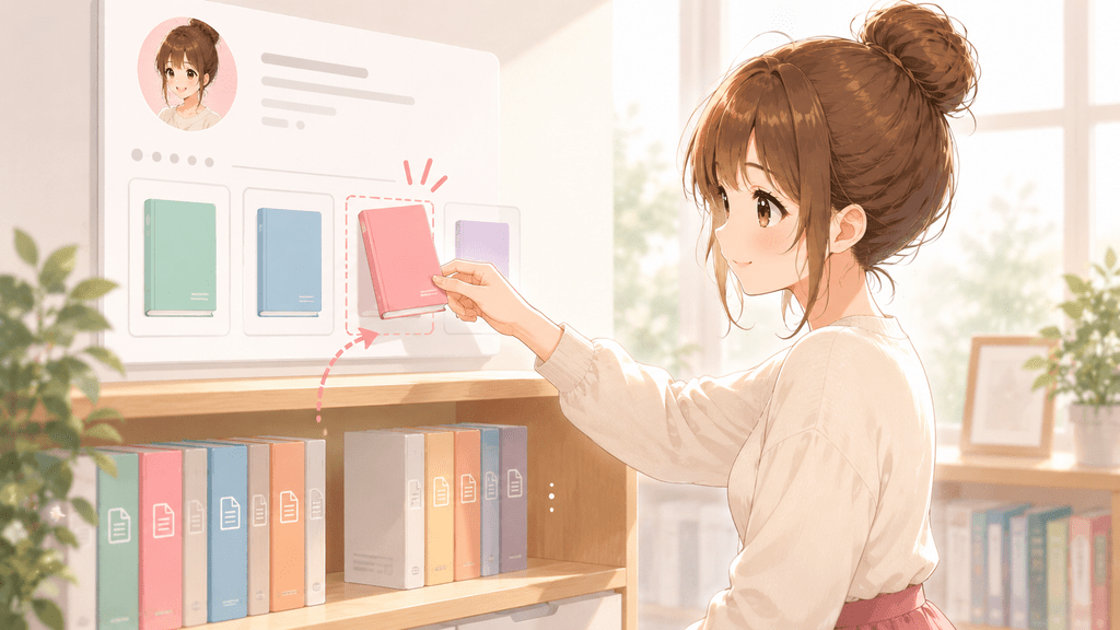 プロフィールの記事一覧から目的の記事を選ぶ操作をイメージしたイラスト
