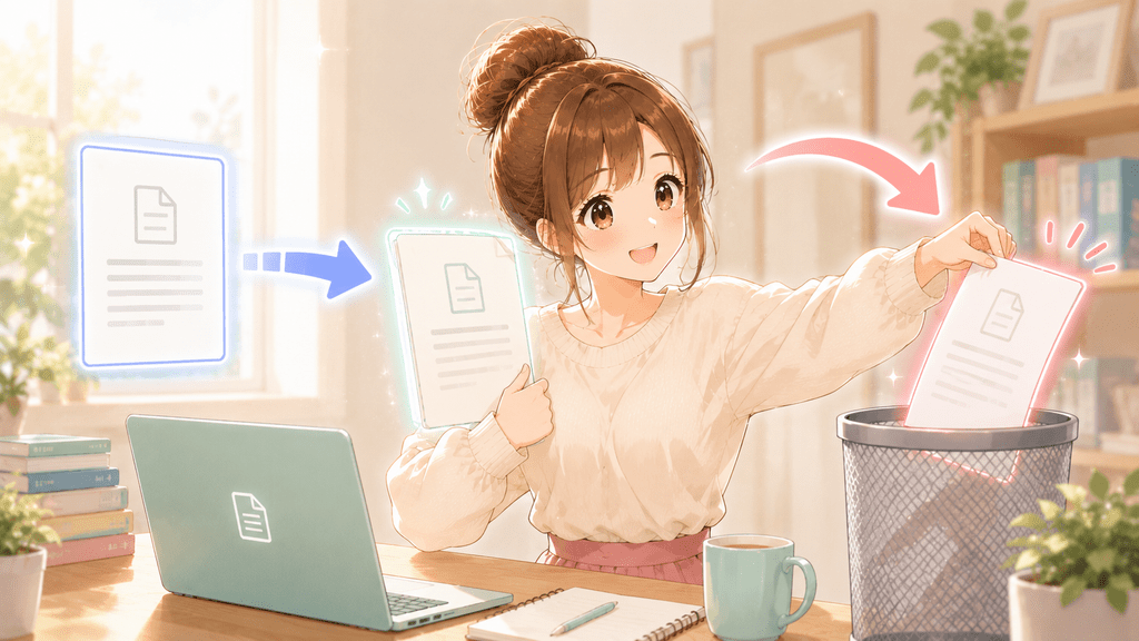 内容を確認したあと元の記事をゴミ箱に入れて削除する様子のイラスト
