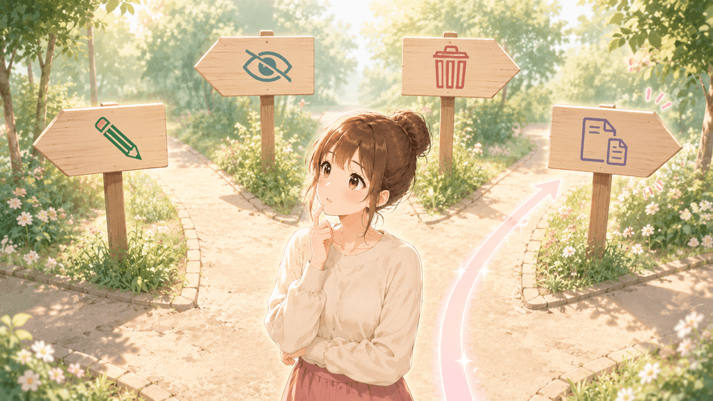 編集・非表示・削除・コピーの4つの選択肢がある分かれ道で考える女性のイラスト