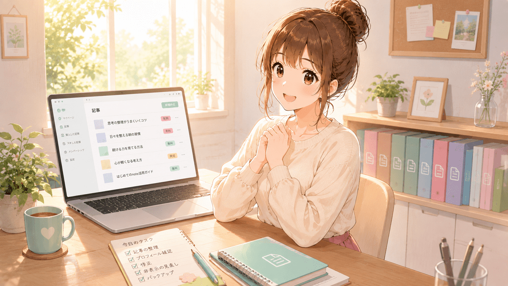 note記事の管理タスクを整理し終えて笑顔を見せる女性のイラスト