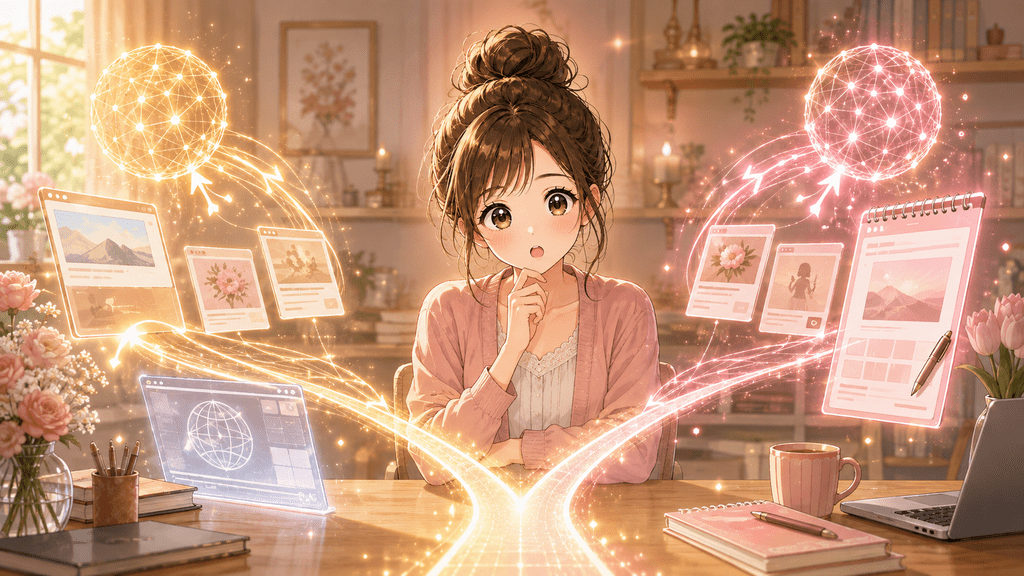 2つのネットワークの球体と複数の記事カード、考える女性のイラスト。noteのAI学習には2つの収集経路があることを表す