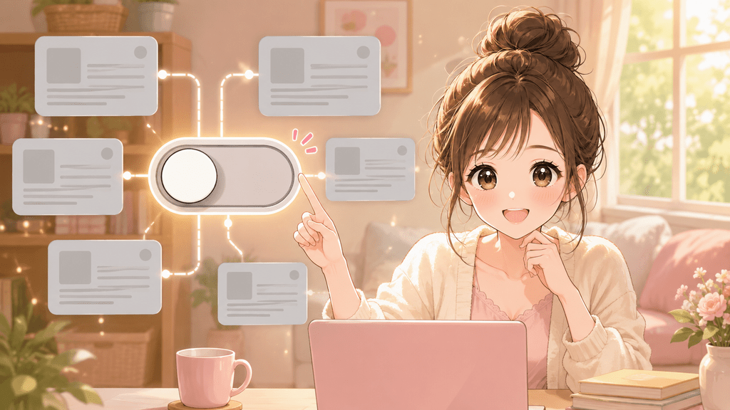 複数の記事と大きなトグルスイッチ、女性のイラスト。アカウント全体の設定で全記事をまとめてOFFにできることを表す
