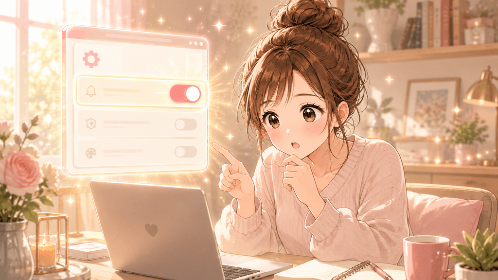 ノートパソコンの前で考える女性のイラスト。noteのAI学習対価還元プログラムは原則ONになっていることを表す
