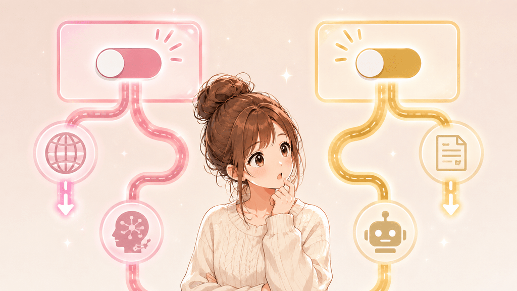 2つのトグルスイッチと女性のイラスト。「AI学習の拒否意向」と「対価還元のOFF」は別の設定であることを表す