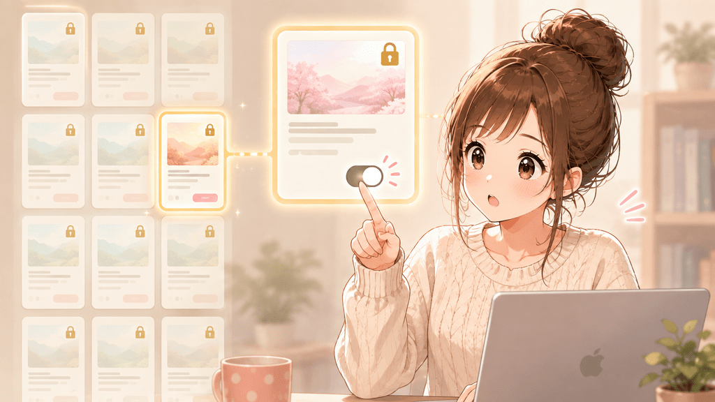 鍵マーク付きの記事カードを指さす女性のイラスト。特定の有料note記事だけをOFFにできることを表す