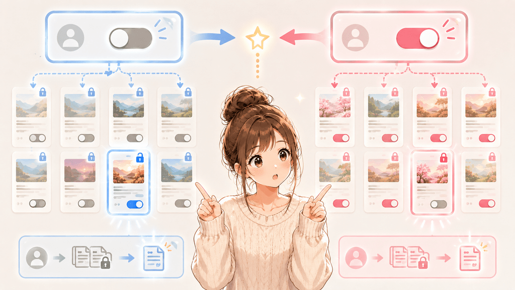 アカウント全体の設定と記事ごとのトグル設定を手にする女性のイラスト。記事ごとの設定が優先されることを表す