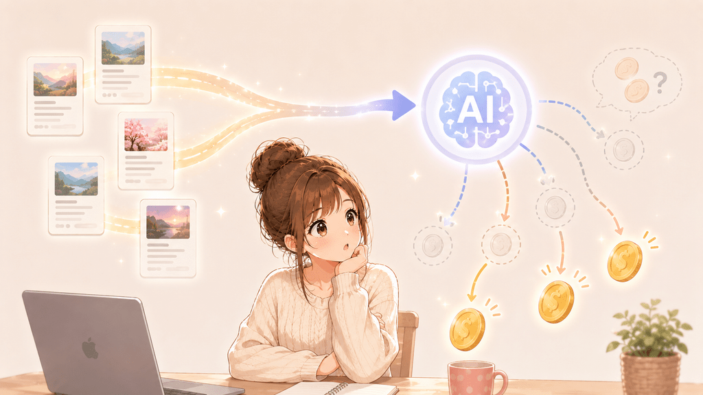 ノートパソコンの前に座るAIブレインとコインのイラスト。AI学習に参加しても必ず報酬が得られるわけではないことを表す