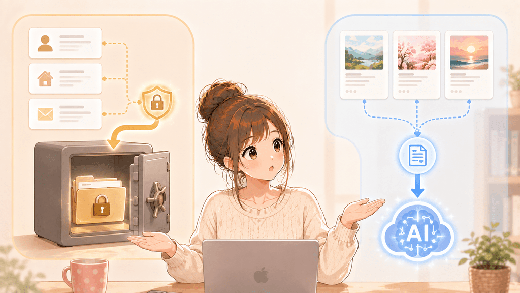 鍵付きの個人情報アイコンとテキストデータのイラスト。登録した氏名や住所などの個人情報はそのままAI事業者に渡るわけではないことを表す