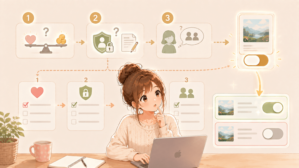 AI学習対価還元プログラムの参加を迷ったときに確認すべき3つのポイント（1.提供可否、2.対価の有無、3.無料・有料の切り分け）を示すイラスト