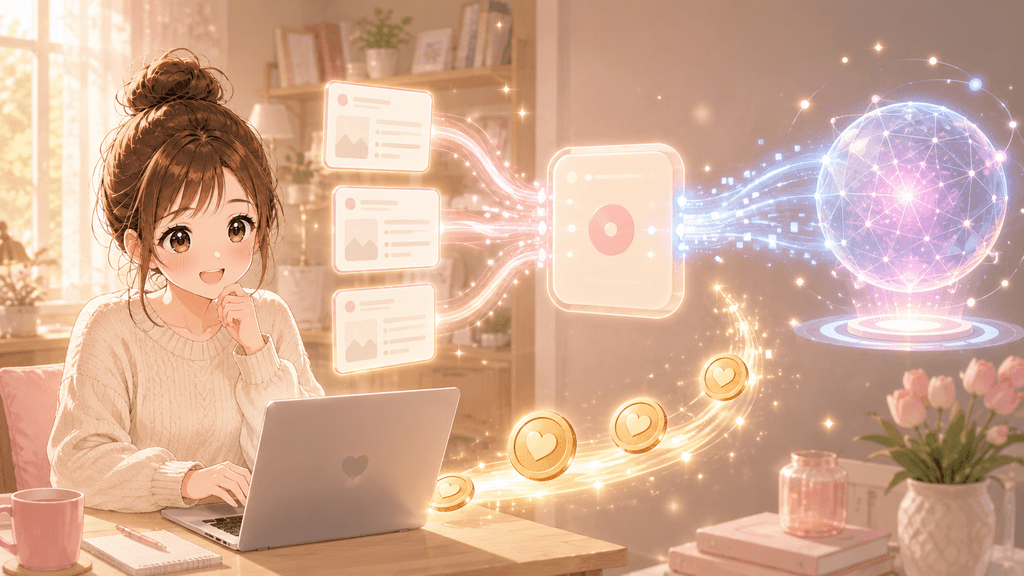 ノートパソコンとコイン、スマホを使う女性のイラスト。noteのAI学習対価還元プログラムの仕組みを表す