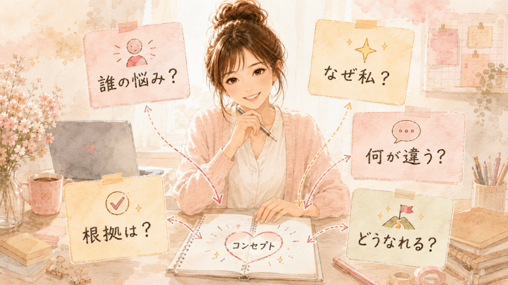 STEP3 誰に何をなぜ届けるのかを決めるコンセプト設計のイメージ