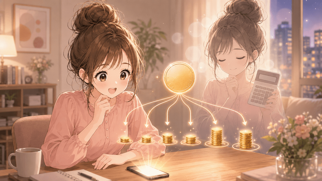 スマホの売上通知に喜ぶ女性と、1枚の金貨が決済方法ごとに高さの異なる硬貨の山へ分かれていく様子のイラスト