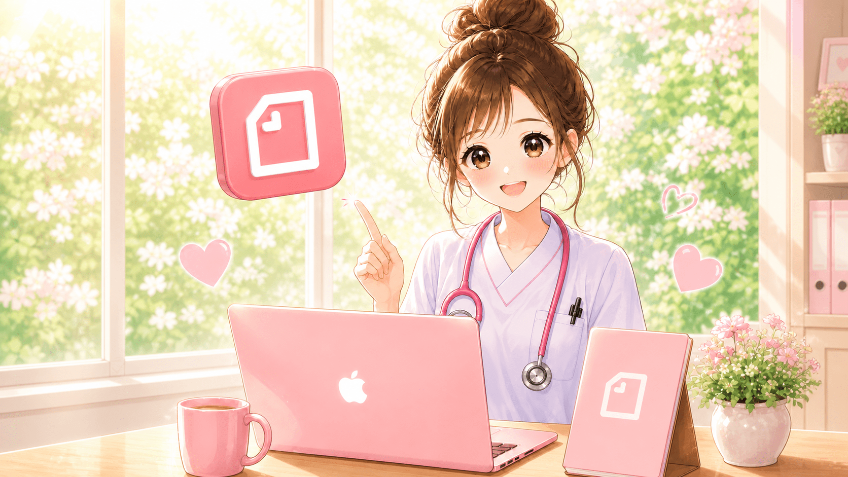 明るい窓辺でパソコンを開く看護師のイラスト