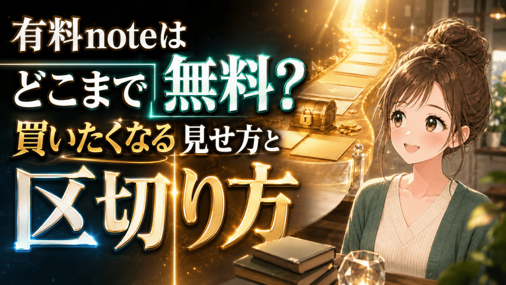 有料noteの無料部分と有料部分の区切り方を解説する記事のアイキャッチ画像。宝箱と輝く階段を背景に微笑む女性のイラスト