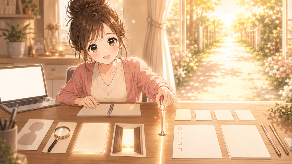 有料noteの有料ラインをどこで区切るか、ノートパソコンとカードを前に考える女性のイラスト