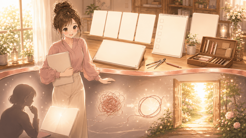 note公式の分析データをもとに、無料エリアに入れる要素を整理する女性のイラスト