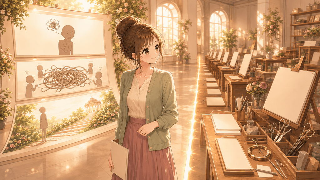 「具体的にどうする？」という疑問が生まれる場面を示した3コマのイラスト