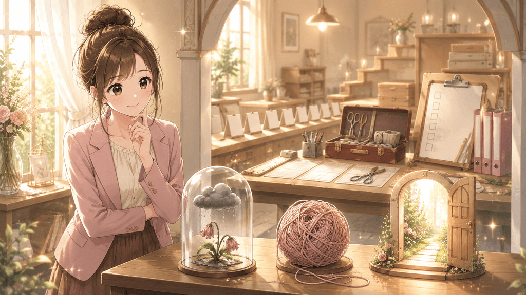 無料部分と有料部分の役割を分けて考える女性のイラスト