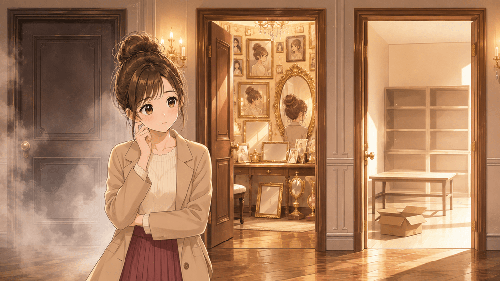 情報が足りない無料部分では読者が購入を判断できないことを表す、暗い部屋に立つ女性のイラスト
